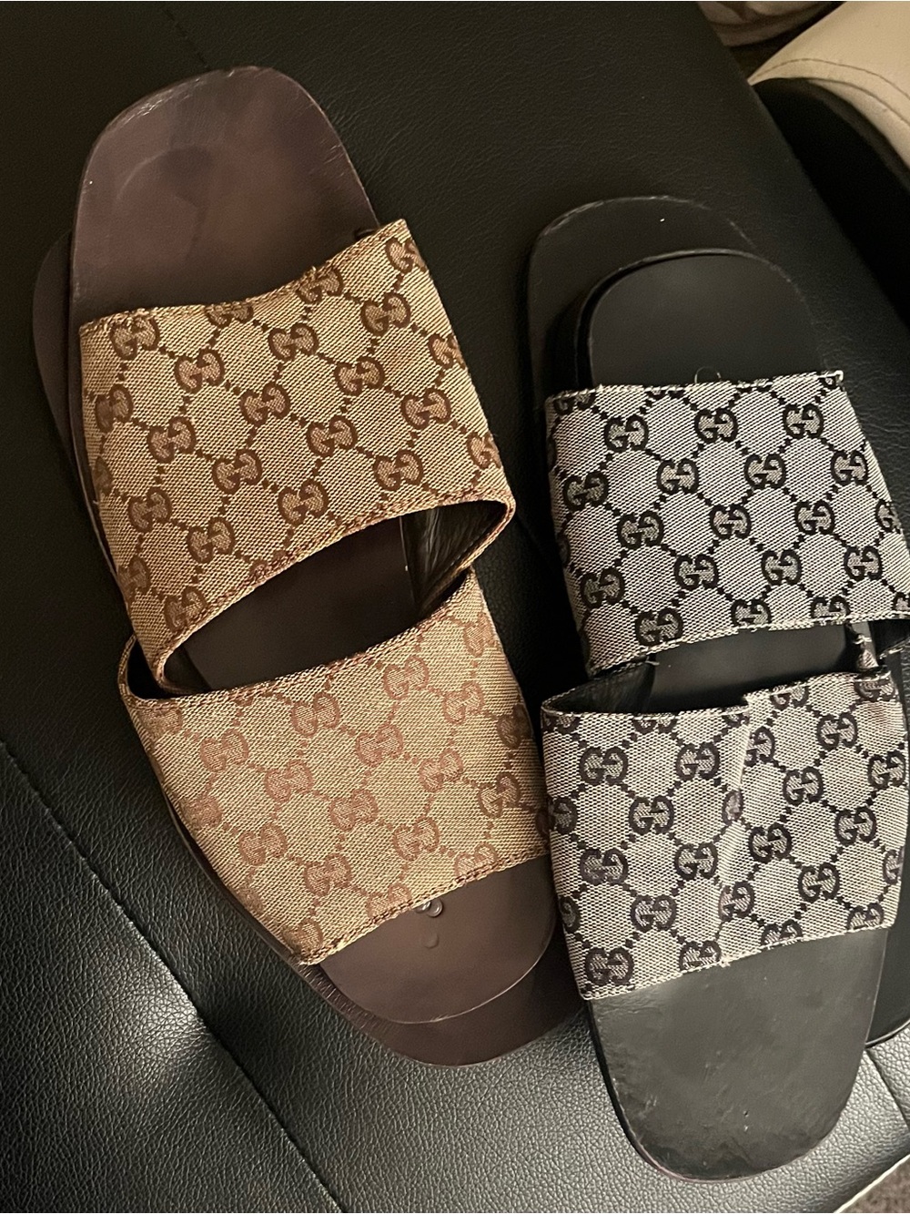 Gucci Double-Strap Monogram Slides in Brown & Black